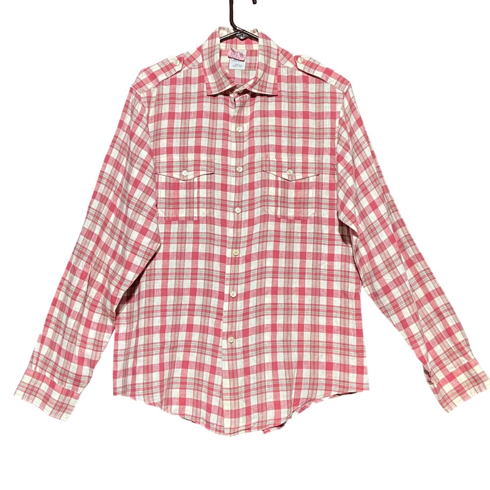 Brooks Brothers Women L Red Plaid Irish Linen Slim Fit Button Up Shirt Roll Tab